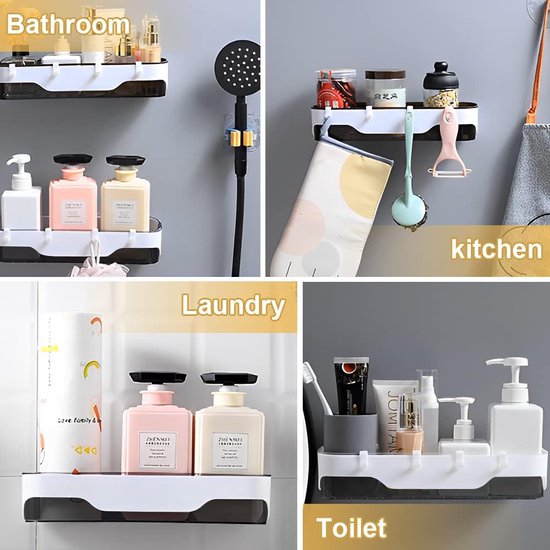 2 stuks badkamerrekken, doucheplank, zonder boren, wandrek, badkamer, zelfklevend, doucheplank, plastic douchemanden met 4 haken, badkamerrek, badkamerrek, zonder boren, plank voor