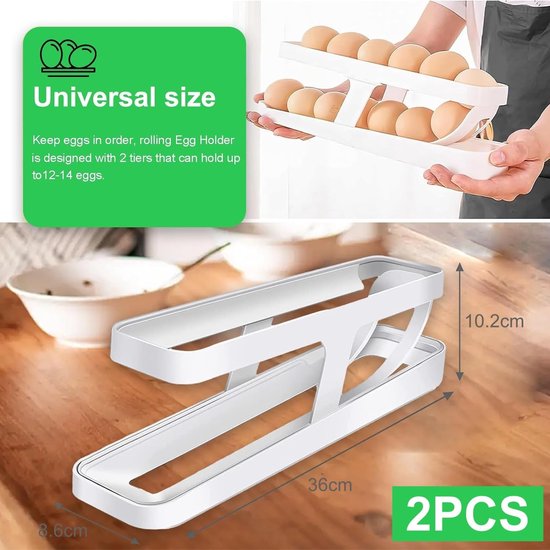 2 stuks eierhouder voor koelkast, 2-laags eierdispenser, automatisch rollende eiercontainer, eierrek, eieropslag voor koelkast, eierhouder voor rollende eiercontainer