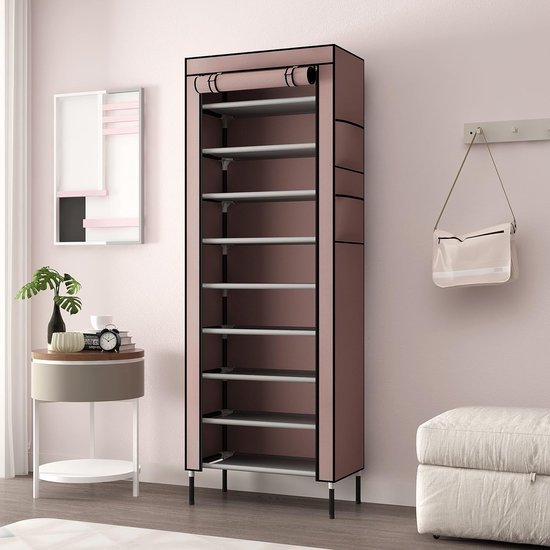 10 etages, 16 mm, extra dikke stangen, stabiele schoenenkast, organizer, standaard, 58 x 28 x 170 cm, met extra dik Oxford-weefsel, stofdichte afdekking houdt tot bruin