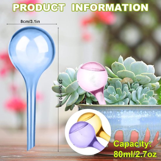 4 stuks grote planten-gietballen, 26,5 x 8 cm, meerkleurig, voor planten, irrigatieballen, potplanten, zelfbewatering, pvc, irrigatieballen, waterdispenser voor planten