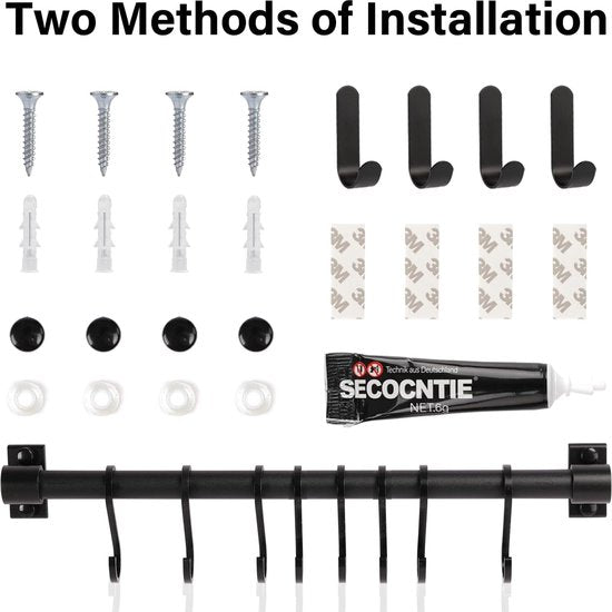 Haaklijst keuken, zelfklevende keukenhakenlijst met 8 beweegbare haken, ruimtebesparende gebruiksvoorwerpenhouder zonder boren, wand-accessoirehanger voor keuken, badkamer, slaapkamer (zwart)