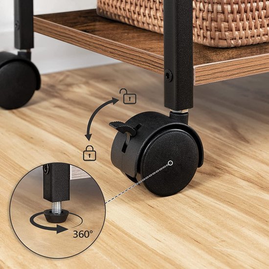 Mobiele printer standaard, 2-laags printerwagen met bovenrek, wagen voor de bovenste berg op het bord met 2 haken en 4 wielen, wagen voor thuiskantoor, rustiek bruin