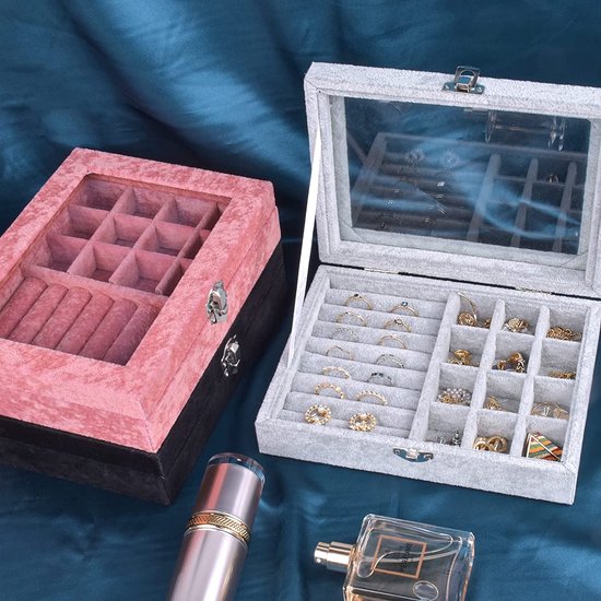 sieradenorganizerdoos, sieradendoos met glazen deksel, sieradendisplay, sieradenkoffer, sieradenkistje, sieradenlade voor halsketting, armband, ringen, oorbellen, sieraden (roze)