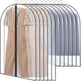 Kledingzakken, pak van 12 stuks, lang, 60 x 120/100 cm, zwarte rand, transparant, kostuumzak, kledinghoes, kostuumzak, avondjurk, bruidsjurk, mantels, overhemden, mottenbescherming, waterdicht, herbruikbaar