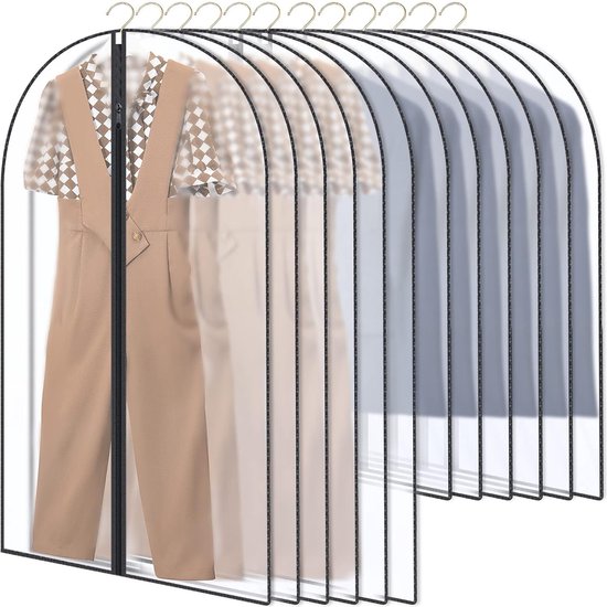 Kledingzakken, pak van 12 stuks, lang, 60 x 120/100 cm, zwarte rand, transparant, kostuumzak, kledinghoes, kostuumzak, avondjurk, bruidsjurk, mantels, overhemden, mottenbescherming, waterdicht, herbruikbaar