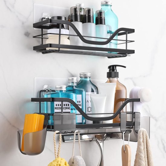 Doucheplank zonder boren, 2 stuks, zwart, van roestvrij staal, rek, zelfklevend, wandrek met 10 haken, doucheplank voor shampoohouder voor badkamer en keuken