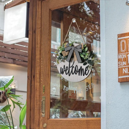 Welkomstbord voor de voordeur, welkomskransen, houten bord voor op de boerderij veranda, decoratief houten deurkrans, zomerse buitenversiering, hangend cadeau, ambachtelijk gemaakt, 30 x 30 cm (wit)