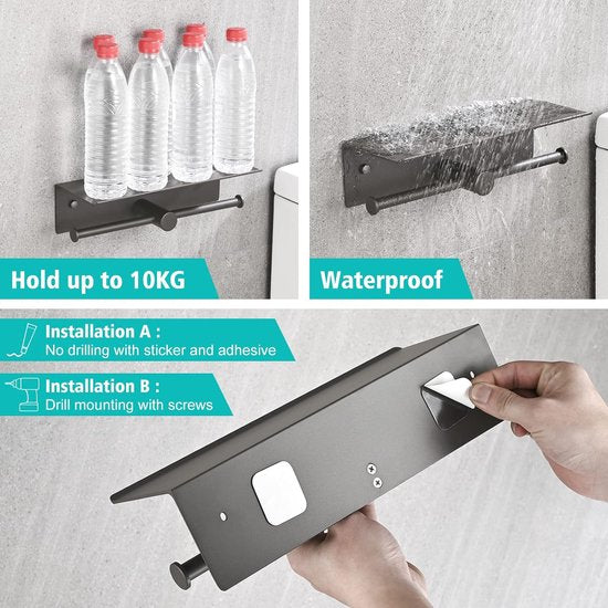 Toiletpapierhouder zonder boren, wc-papierhouder met plank, zelfklevende wandmontage, aluminium dubbele toiletrolhouder, wc-papierhouder, papierrolhouder voor badkamer, 31 cm, grijs