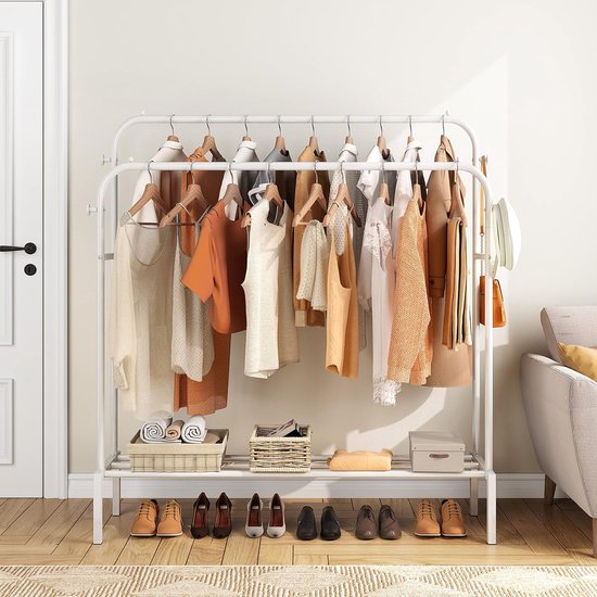 Kledingrek met 2 kledingstangen, multifunctionele kapstok van metaal met 1 plank en 4 haken, kan kleding, tassen en schoenen opbergen