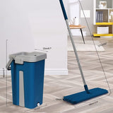 Dweil- en emmerset, microvezel vlakmop voor nat & droog met RVS steel, dubbele kamer emmer geschikt voor alle vloeren (blauw)