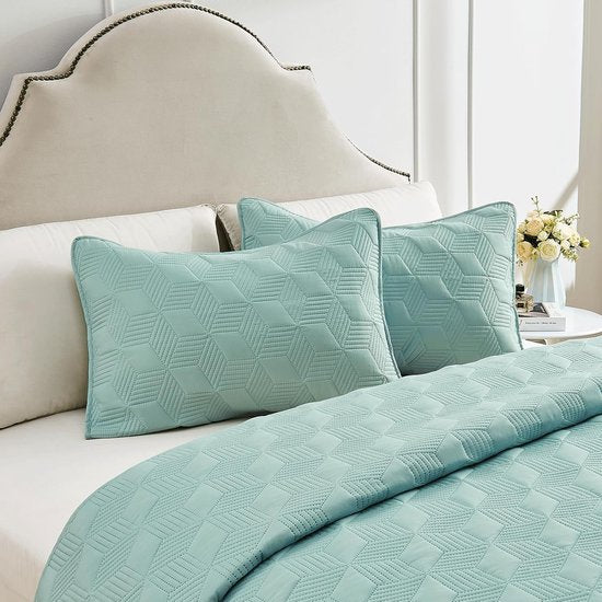 Sprei, beddensprei, 220 x 240 cm, mintgroen, microvezel sprei, quilt sprei, lichte deken, quilt ultrasoon genaaid, met 2 kussenslopen, diamantpatroon.
