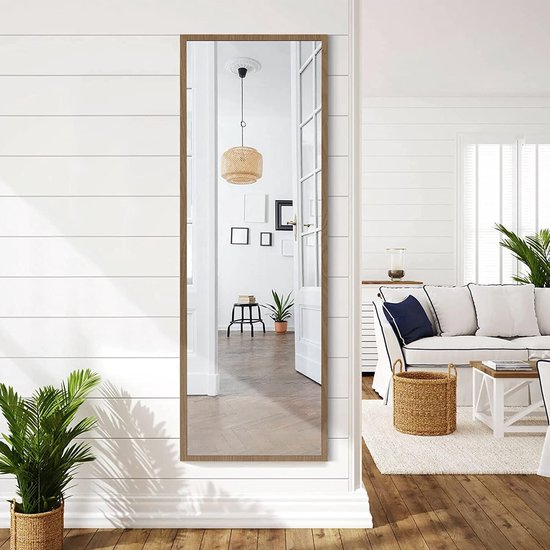 Geheel lange spiegels, staande spiegels met bruine lijsten bovenop hangend in de muur, grote lichaamsspiegels, decoratieve spiegels voor slaapkamer, badkamer, woonkamer, 40 x 150 cm, haaks