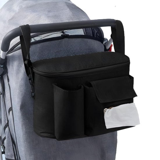 Organizer met bekerhouder/dispenser voor natte doekjes, kinderwagentas, buggy-organizertassen met ritsvak, schouderbanden, reistassen voor luiers, doekjes, mobiele telefoons, zwart