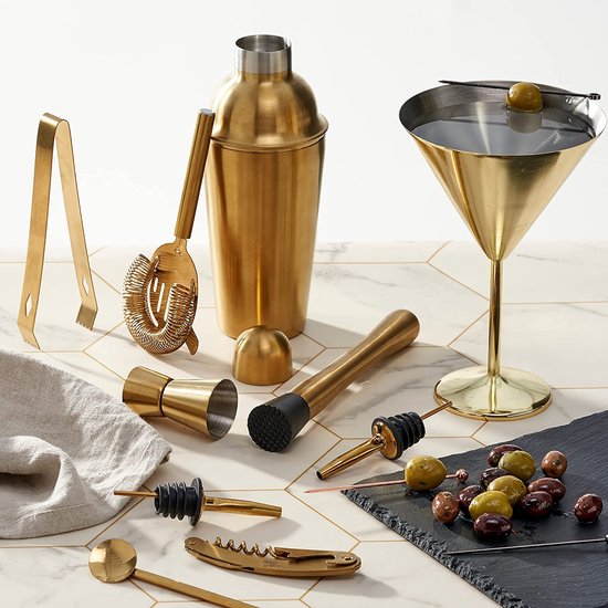 10-Delige Gouden Cocktail Set, Complete Geschenkset met Roestvrijstalen Cocktailshaker, Schenktuit, Muddler en Meer