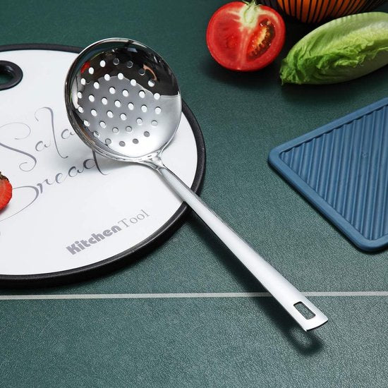 Roestvrijstalen skimmer, Berglander metalen zeef, keukenskimmer voor kookgerei met antiaanbaklaag, antiaanbaklaag en hittebestendig, vaatwasmachinebestendig, gemakkelijk schoon te maken
