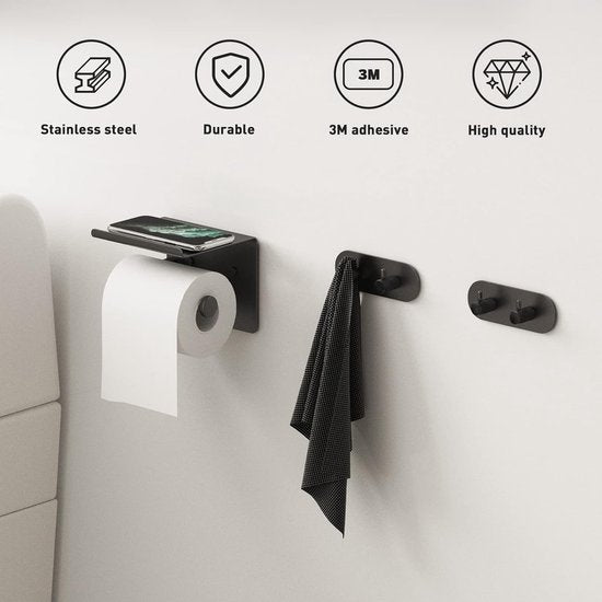 Toilet Paper Holder without Drilling, with Shelf Toilet Paper Holder Matte Black, Wall Toilet Paper Holder, Self-Adhesive, with 2 Adhesive Hooks, Stainless Steel