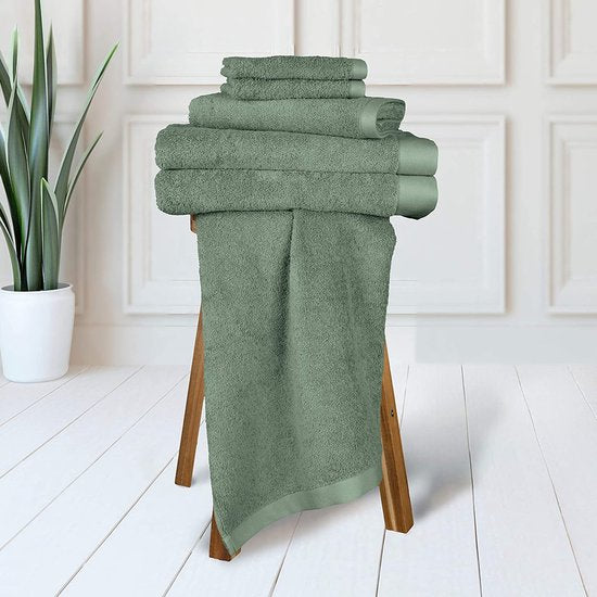 Handdoekenset 6-delig, badhanddoekenset van 100% gekamd katoen, hotelkwaliteit, badkamerset, Belgisch merk, 500 g/m2, grijsgroen, cadeauset