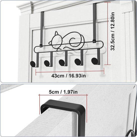 Door Hook for Hanging, Door Hook Rail Set of 2 Each with 5 Hooks Coat Hooks Jacket Holder Door Wall Coat Rack Black Interior Door Hanger for Bathroom, Wall, Kitchen
