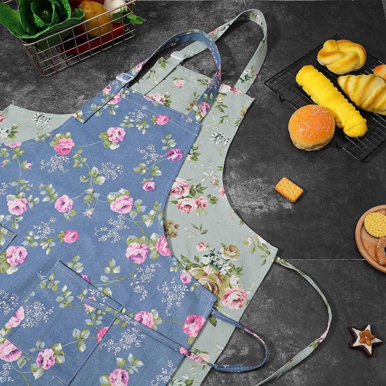 2 stuks schort kookschort met grote zakken voor dames, verstelbaar keukenschort Kitchen Chef Aprons grillschort voor unisex om te koken, grillen, multicolor