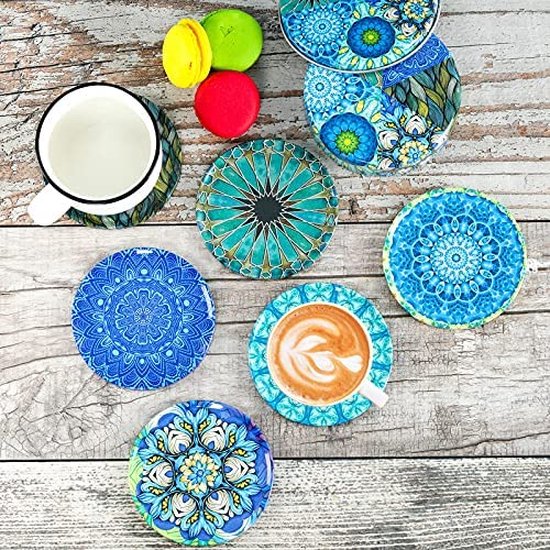 OKAEI Onderzetters kurk (set van 6) met mandala-design - onderzetter glazen met huis om te drinken - absorberende & absorberende onderzetter rond voor feesten & barbecueavonden