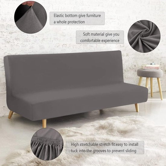 Bankhoes zonder armleuningen, 3-zits, elastisch, zonder mouwen, wasbaar, bankovertrek, hoes voor Clic Clac, zonder armleuningen, grijs