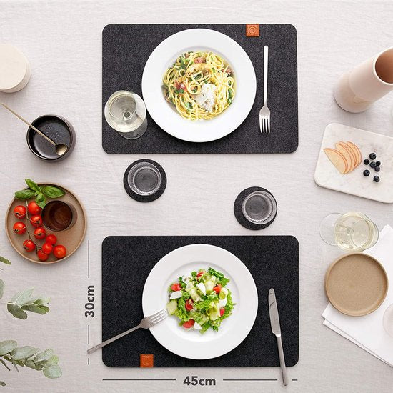 Vilten placemat met antislip achterkant, 6 wasbare placemats en 6 speciale glaszetters, groot, afwasbaar en afwasbaar, machinebestendig, design placemats