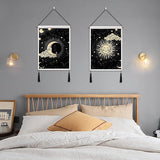 2 stuks maan en zon wandtapijt met kwastjes tarot zwarte banner wandbehang wandkleed bohemian psychedelisch muurkunst decor voor slaapkamer woonkamer