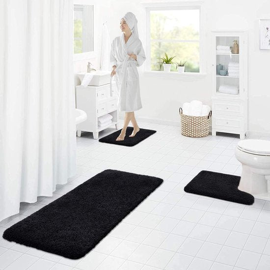 Antislip zachte mat voor toilet met uitsparing, afmetingen 51 x 61 cm, absorberende badmat, staand toilet, wasbaar, badmatten voor toilet, zwart.