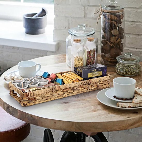 Geweven tablet van waterhyacint, zeegras met handgrepen, bruin waterdichte rechthoekige opbergmand in badkamer, slaapkamer, toiletafdekking als decoratie, cadeau, 43 x 16 x 5 cm