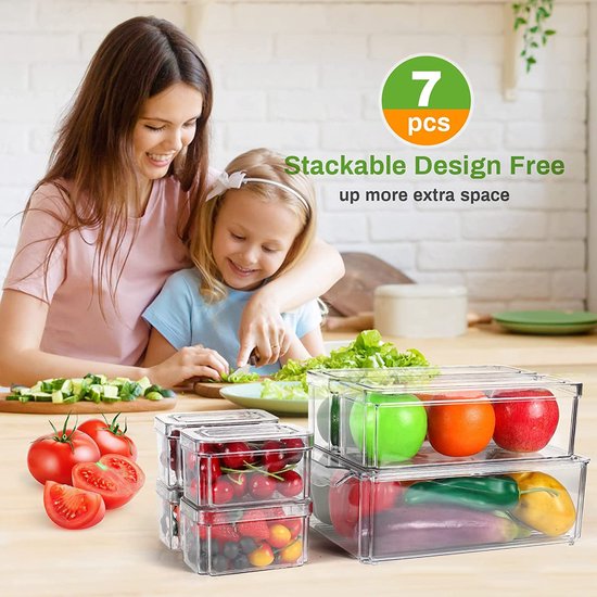 Koelkast Organizer, Transparante Stapelbare Opbergdoos Organizer Set Kleine Koelkastdoos Pantry Opbergdoos voor Keukens, Koelkast, Kasten Planken, Badkamer, Set van 7