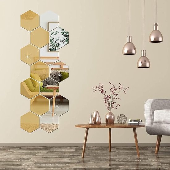12st Spiegel Muurstickers, Acryl Spiegel Sticker Set, Spiegel muur Decoratie, Verwijderbare, DIY spiegel Stickers voor woonkamer, bank, instelling, wanddecoratie (goud)