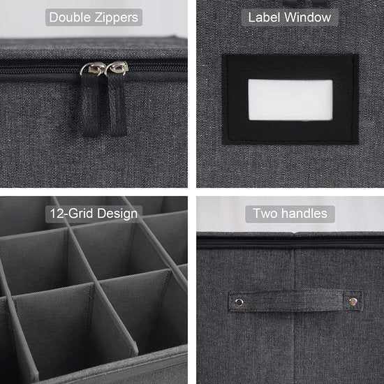 Opbergdoos voor wijnglazen, 2 stuks, bewegende glashouder voor wijnglazen, vouwdoos met scheidingswanden, glazen, opslag voor 24 kristalglaswerk, kristalglaswerk (44 x 33 x 25 cm, donkergrijs)