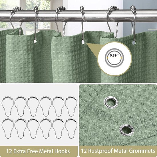 Douchegordijn,12 extra gepolijste en roestvrije metalen haken