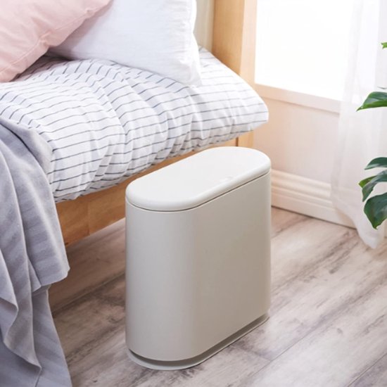 Plastic afvalbak van 2,2 gallon/10 liter met drukdeksel, ovale smalle prullenmand, prullenbak, badkamer, prullenbak voor woonkamer, slaapkamer, keuken, kantoor, gemakkelijk schoon te maken, wit.