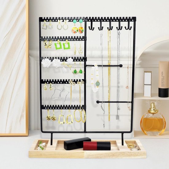Sieradenstandaard, oorbelhouder met 182 gaten, sieradenhouder, oorbelorganizer en kettingstandaard, kettinghouder met 10 haken, oorbelopslag, sieradenorganizer voor kettingen, ringen, armbanden