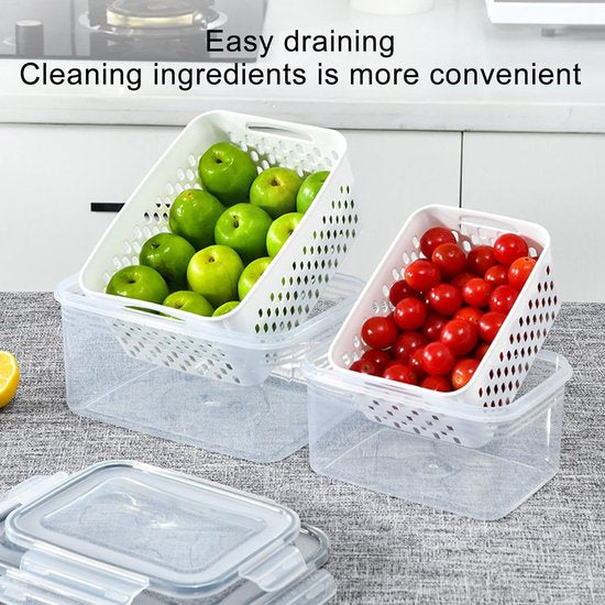 3 stuks productiecontainers voedselcontainers koelkast organizermanden afdruiprek groentelade met zeven en deksels voor groenten vlees verse fruitsalade 3 stuks