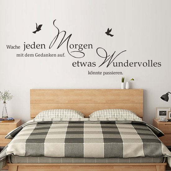 muursticker, uitspraken en citaten, 'Take time to be happy', Duitstalig, vogels, veren, wanddecoratie voor slaapkamer, kantoor en woonkamer