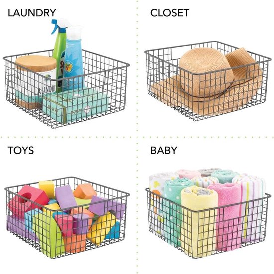 Multifunctionele mand van metaaldraad – flexibele opbergmand voor de keuken, voorraadkamer enz. – compacte en universele draadmand met handgrepen – grijs