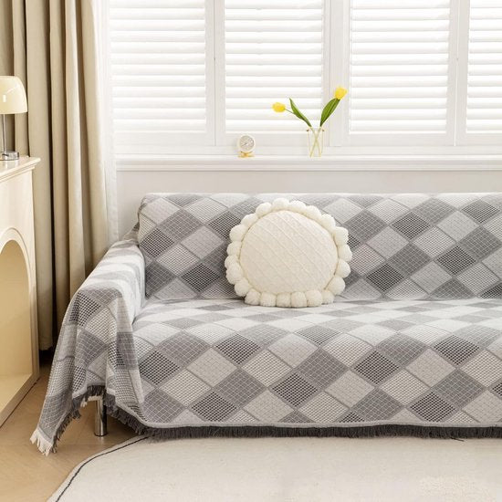 Diamantpatroon Bankkleed Deken Omkeerbaar XXL Grote bankkleed Bankhoes Decoratieve bankhoes Bankdekens voor het bedekken van sprei met kwastjes - Lichtgrijs, 180x340cm