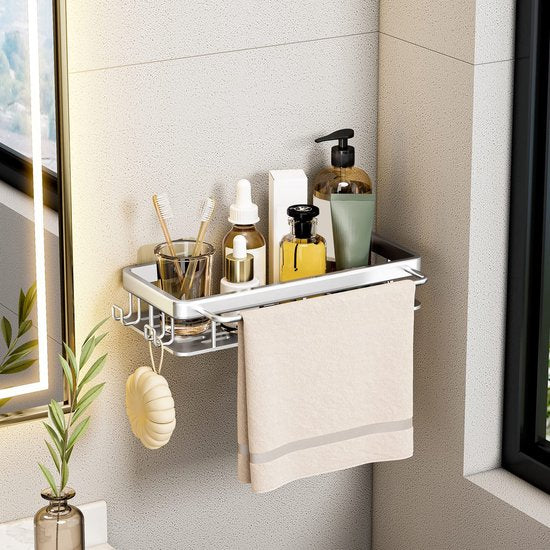 Doucheplank, doucherek, zonder boren, hoekmet haken, handdoekstang, badkuip, sponsrek, keukenorganizer, accessoires, mat, afwerking, douchemanden en doucheplanken (zilver)