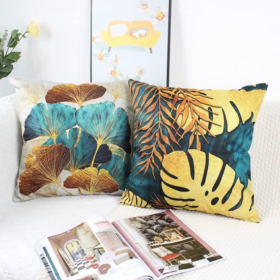 Decoratieve kussenhoes, 50 x 50 cm, set van 4 kussenslopen, petrol, goud, tuinlounge bank, sierkussen, kussenhoes, landhuisstijl, sierkussenhoes, linnen, tuin, outdoor, kussen, bankkussen