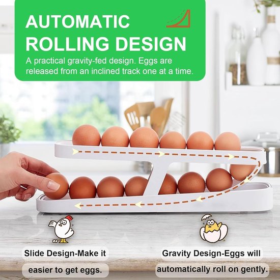 2 stuks eierhouder voor koelkast, 2-laags eierdispenser, automatisch rollende eiercontainer, eierrek, eieropslag voor koelkast, eierhouder voor rollende eiercontainer