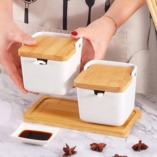 Kruidenpotjes, zoutpot met deksel, voorraaddoos, keramische suikerpot met deksel en lepel voor huis en keuken, kleine kruidendoos met houten dienblad voor zout, peper, kruiden, specerijen