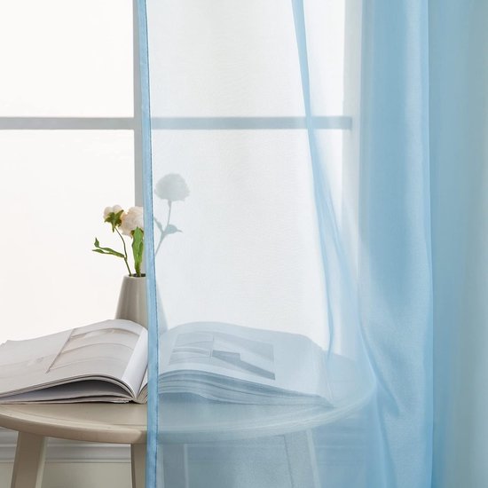 Voile-gordijn, transparant gordijn van voile, eenkleurig, met oogjes voor stang, luchtig deco-gordijn voor slaapkamer en woonkamer, set van 2, 175 x 140 cm (h x b), grijs blauw