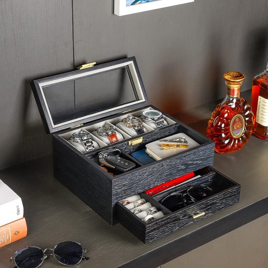 Horlogedoos voor heren, 4 horloges met glazen venster, horlogeopbergdoos, horlogekoffer met lade, cadeau voor mannen,echtgenoot, vriend, Zwart
