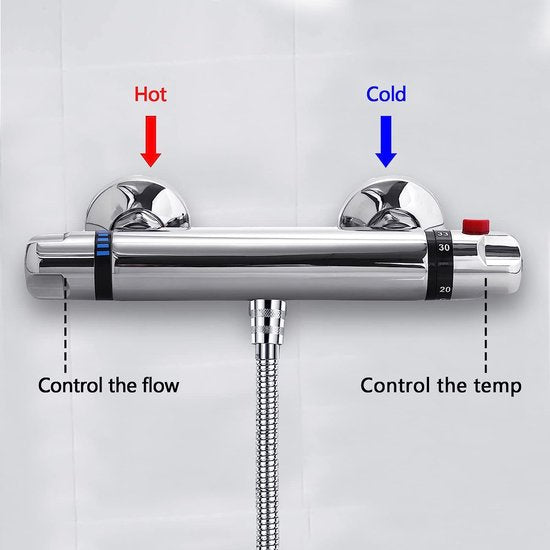 Badkuiparmatuur, thermostaat, douchethermostaat, messing douchekranen, chroom, mengkraan, douche-thermostaat met 38 graden veiligheidsknop voor badkamer