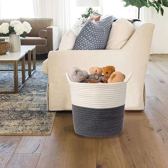 opbergmand van katoen, touw, gevlochten mand, babyspeelgoedopbergcontainer met handvat, voor woonkamer, kinderkamer, badkamer, 38 x 38 cm