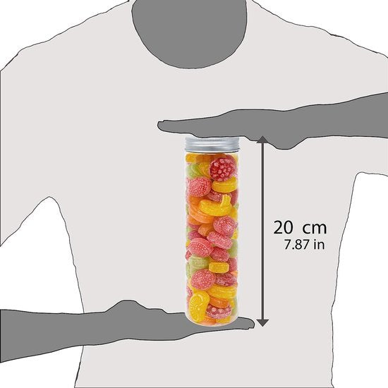 Set van 4 voorraaddozen van levensmiddelenkwaliteit polyethyleen, 0,4 L (20x5 cm), met aluminium schroefsluiting. Recyclebaar.