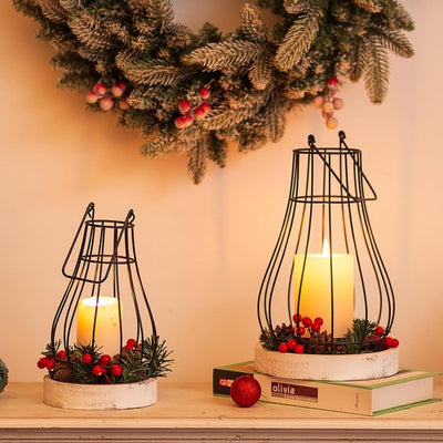 Lantaarn hout groot landhuisstijl decoratie - Romadedi 30/40 cm rustieke landhuis windlicht kaarsen lantaarn voor vintage Kerstmis balkon tuin bruiloft tafeldecoratie binnen, bruin set van 2