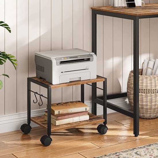 Mobiele printer standaard, 2-laags printerwagen met bovenrek, wagen voor de bovenste berg op het bord met 2 haken en 4 wielen, wagen voor thuiskantoor, rustiek bruin